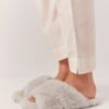 Ivory Plush Cross Slippers